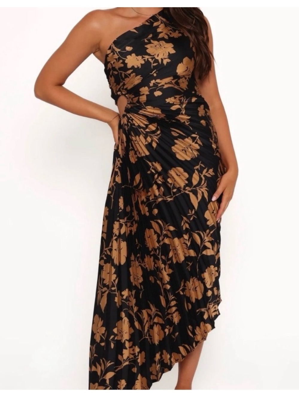 Petal & Pup Black One-Shoulder Floral Midi Dress with Gold Print- NWOT